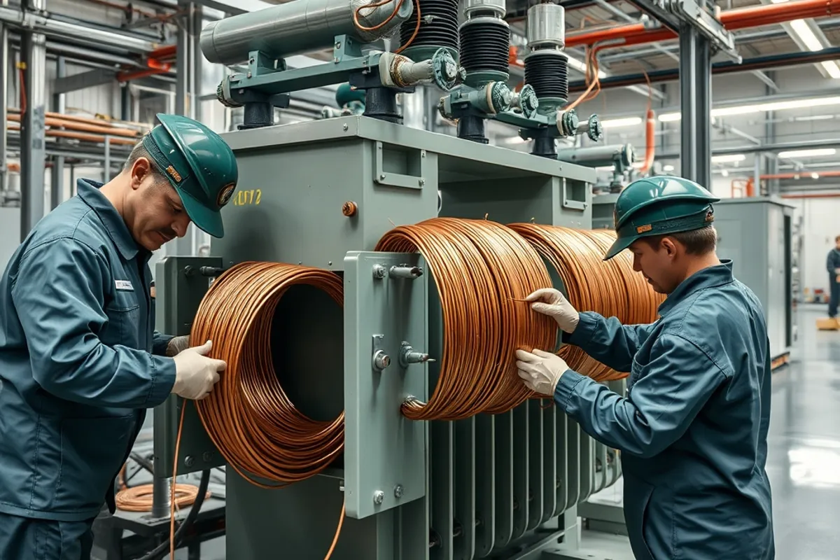 Workers assembling large electrical transformers in a clean industrial hall