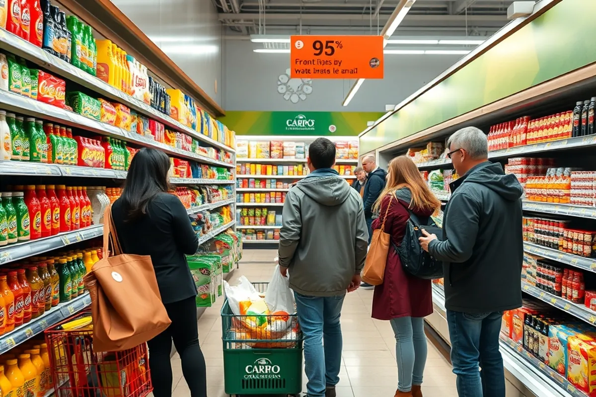 Shoppers comparing prices in a bright discount grocery store aisle