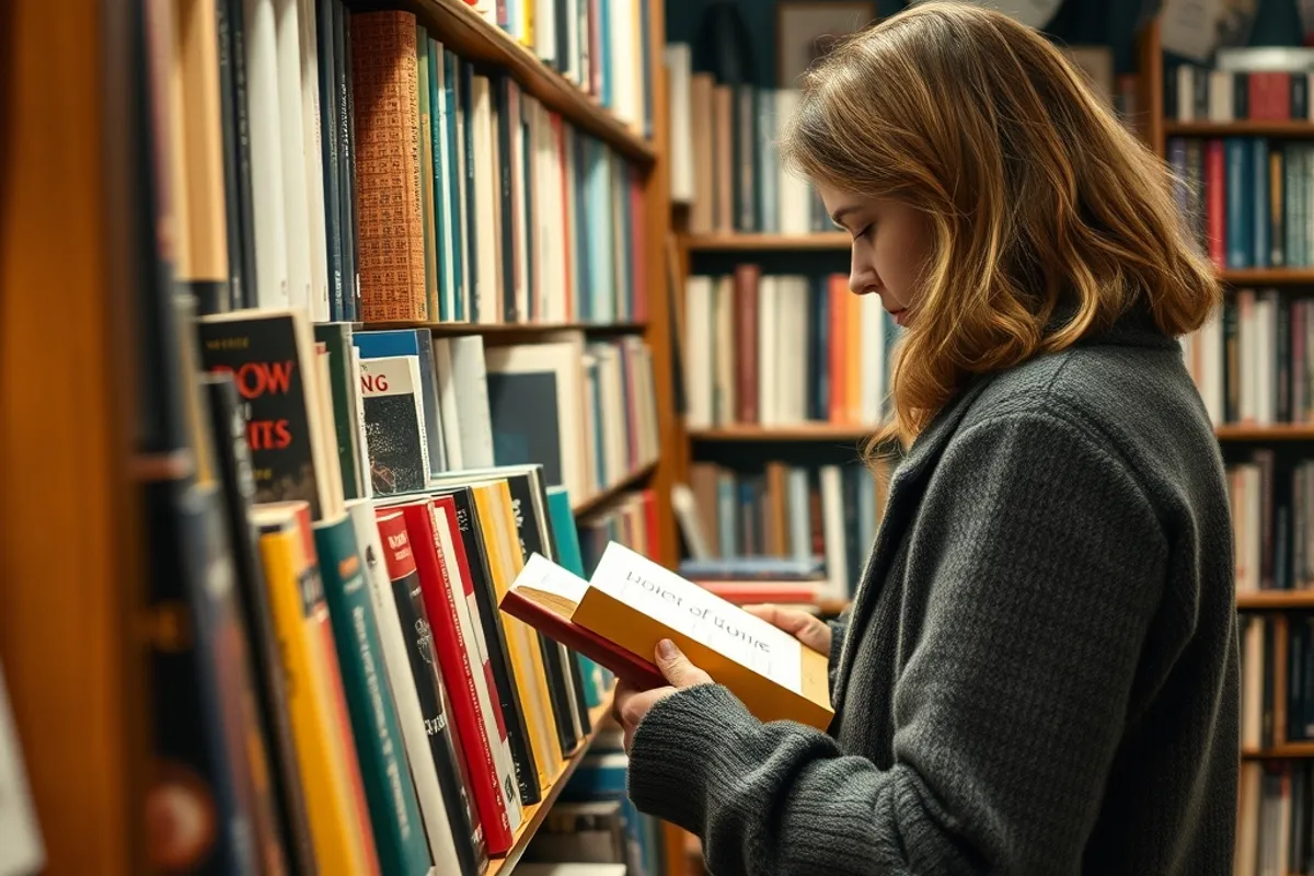 A reader browsing shelves in a small independent bookshop with warm lighting
