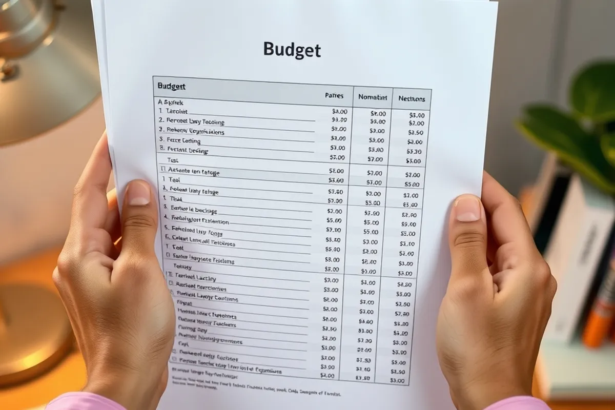 A printed city budget document with highlighted rows on a wooden desk
