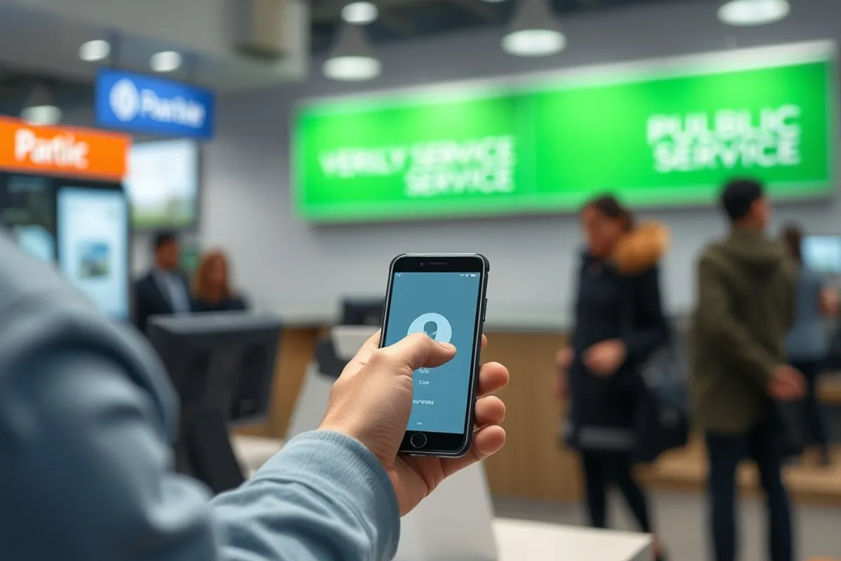 A person using a smartphone to verify their identity at a public service desk