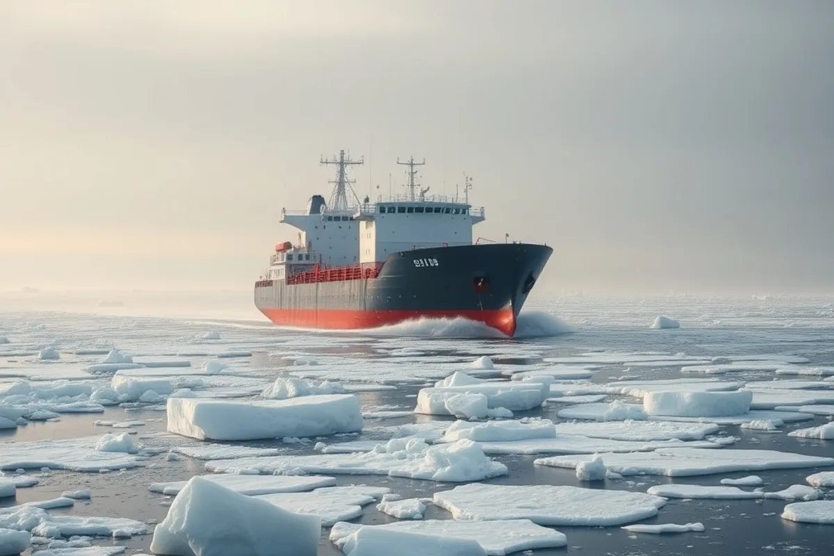 A cargo ship moving through calm water with broken sea ice in the foreground