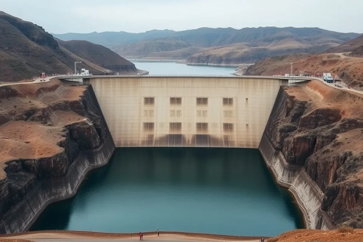 A concrete dam holding back a low reservoir under a dry sky
